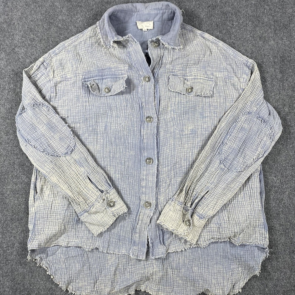 Oli & Hali‎ Evyn Shacket Blue Distressed Fade Button Up Puckered Cotton